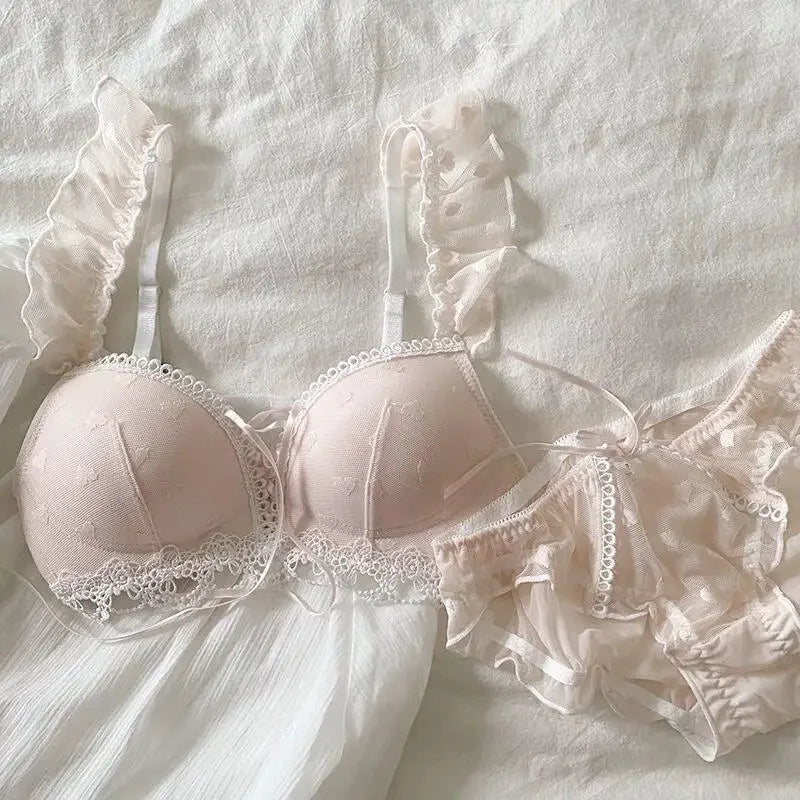 Japanese Kawaii Heart Print Lingerie, Sweet Wireless Bralette Set for Small Breasts, Comfortable Anti-Sagging Everyday Bra Set
