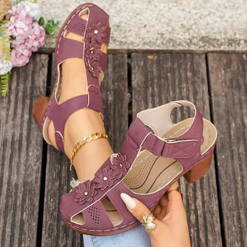 Plus Size 43 Thick Heel Rome Sandals Women Closed Toe Ankle Strap Summer Sandles Woman Flowers Platform High Heeled Sandals