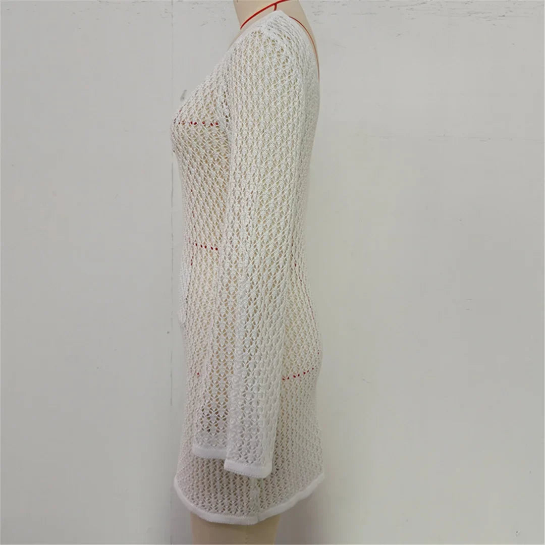 V Neck Long Sleeve Hollow Out Crochet Knitted Tunic Beach Cover Up Cover-ups Beach Dress Beach Wear Beachwear Female Women V7643