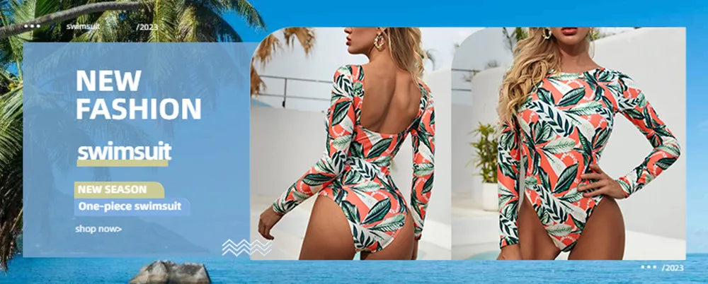 Long Sleeve Swimwear 2024 Surfing Bathing Suit Women Backless Print One Piece Swimsuit Retro Rashguard Monikini Bodysuit