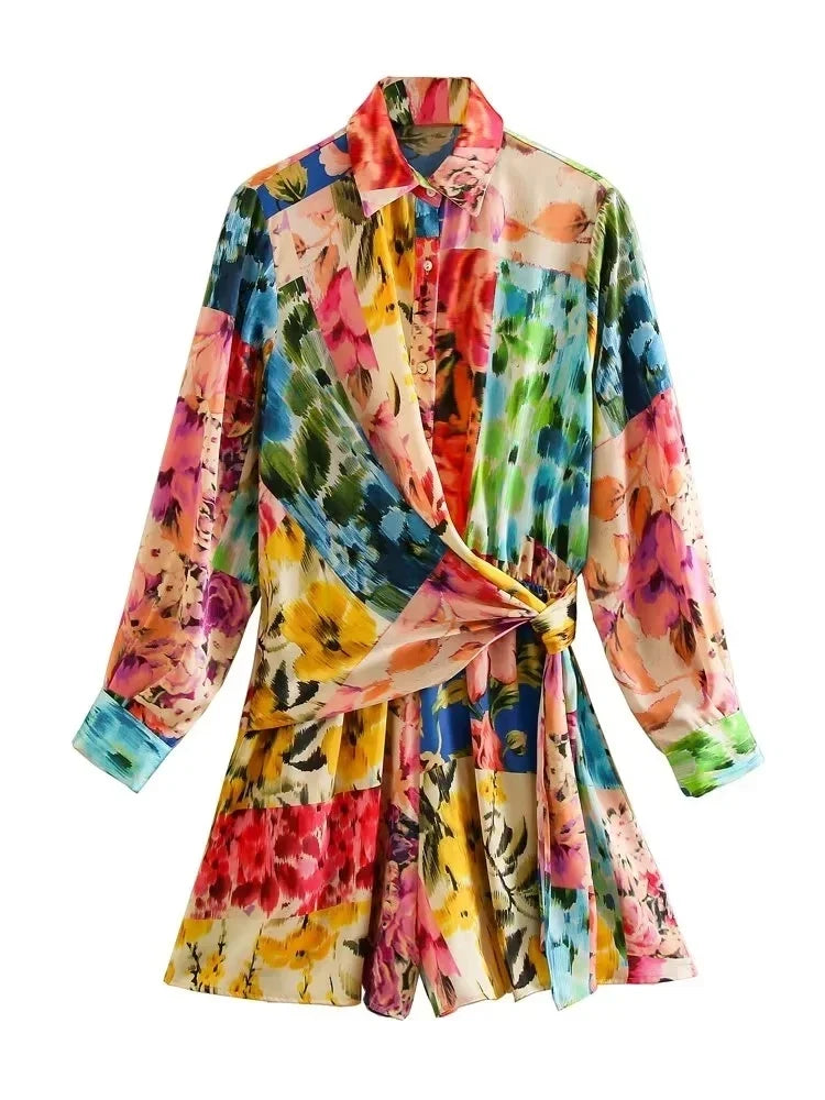 Foridol Floral Boho Tie Dyed Summer Long Sleeve Romper Playsuit Overall Beach Button Shirt Spring Wide Leg Romper Jumpsuit