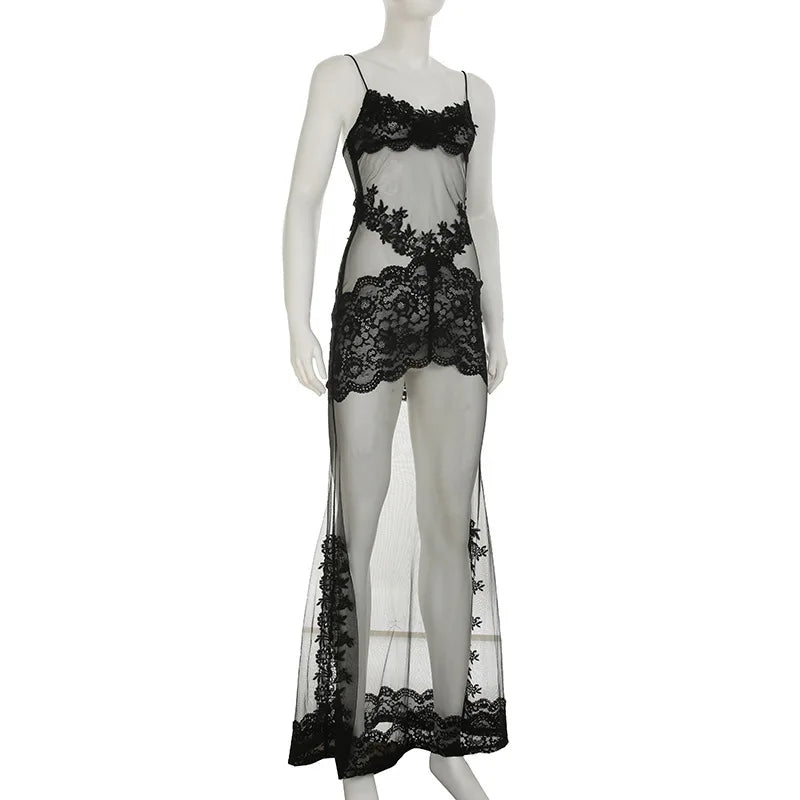 FDYOUI Sexy Lace Patchwork Mesh Long Dress Women Spaghetti Strap See-through Evening Party Dresses White Black Night Club Outfit