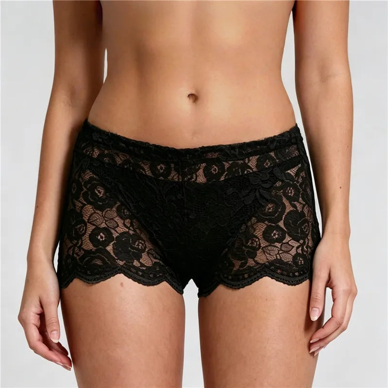 Sexy See Through Floral Lace Boyshort Panties Ladies Mid Waist Scallop Hem Stretch Hipster Underwear Daily Comfort Lingerie