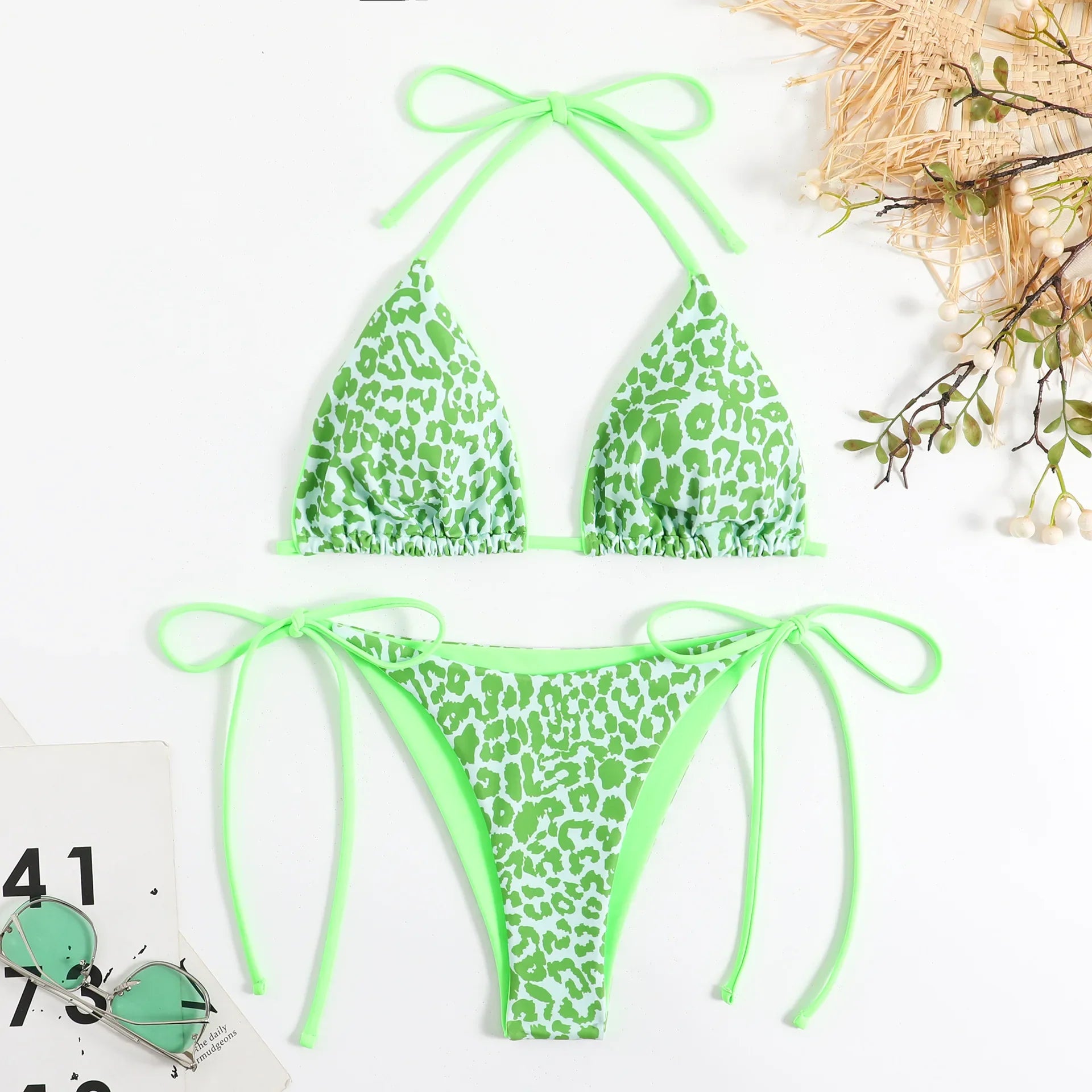 sexy string leopard print bikinis set swimsuit halter tie thong swimsuit Swimwear Biquini conjunto de bikini tankini beachwear