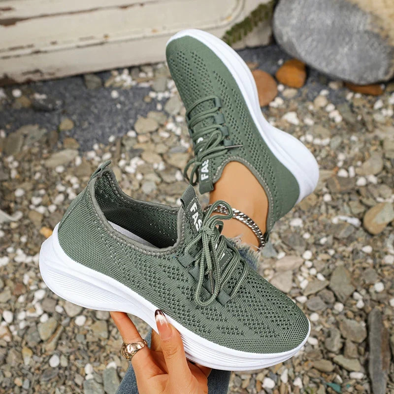 Spring Summer Breathable Mesh Sport Shoes Women Slip On Hollow Out Knitted Flats Shoes Woman Plus Size 43 Thick Sole Sneakers