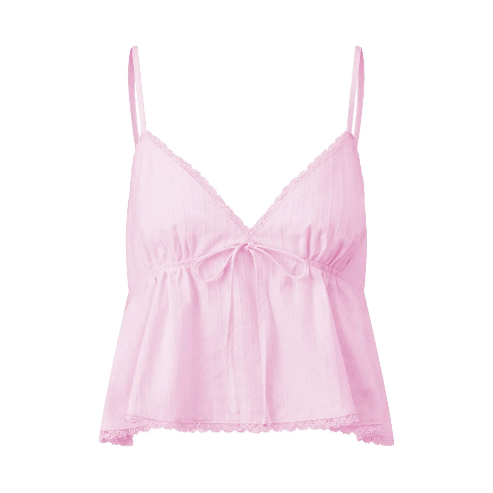 Womens Solid Color Sleep Tank Tops Spaghetti Strap Stylish Lace Trim Striped Front Bow Backless V Neck Sleep Camisoles