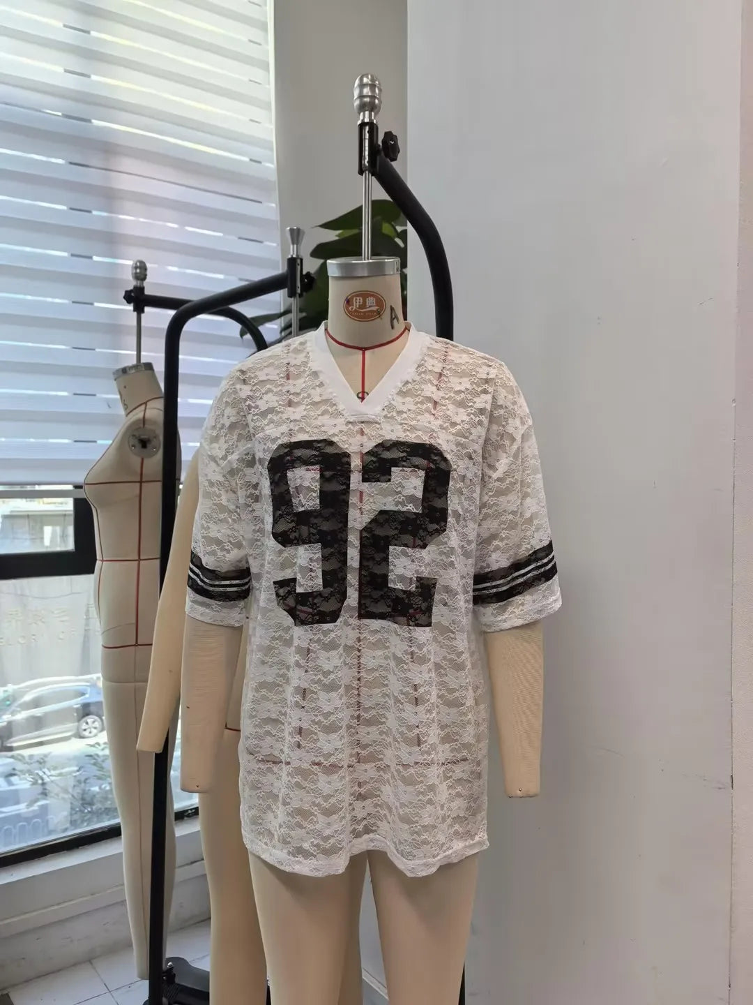 Women Summer Lace Football T-Shirt Casual Number Print See-Through V-Neck Short Sleeve Basic Tops for Streetwear