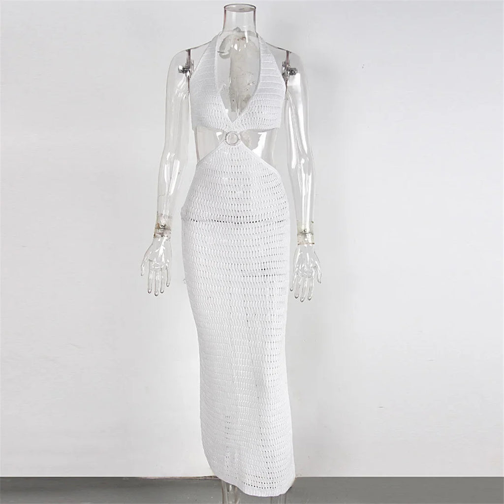 S - XL Crochet Knitted Backless Deep V Split Tunic Beach Cover Up Cover-ups Beach Dress Beach Wear Beachwear Female Women V4014