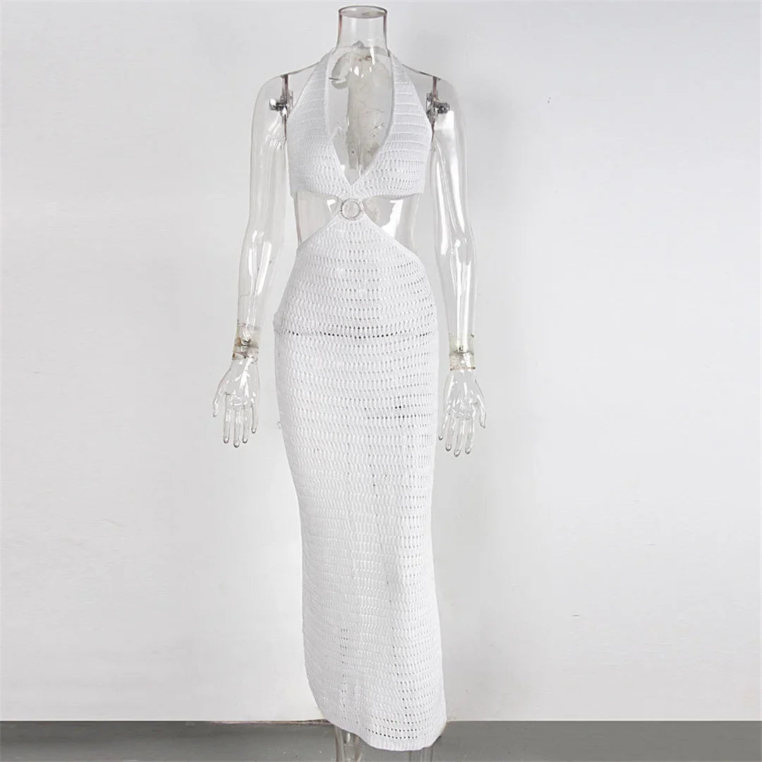 S - XL Crochet Knitted Backless Deep V Split Tunic Beach Cover Up Cover-ups Beach Dress Beach Wear Beachwear Female Women V4014