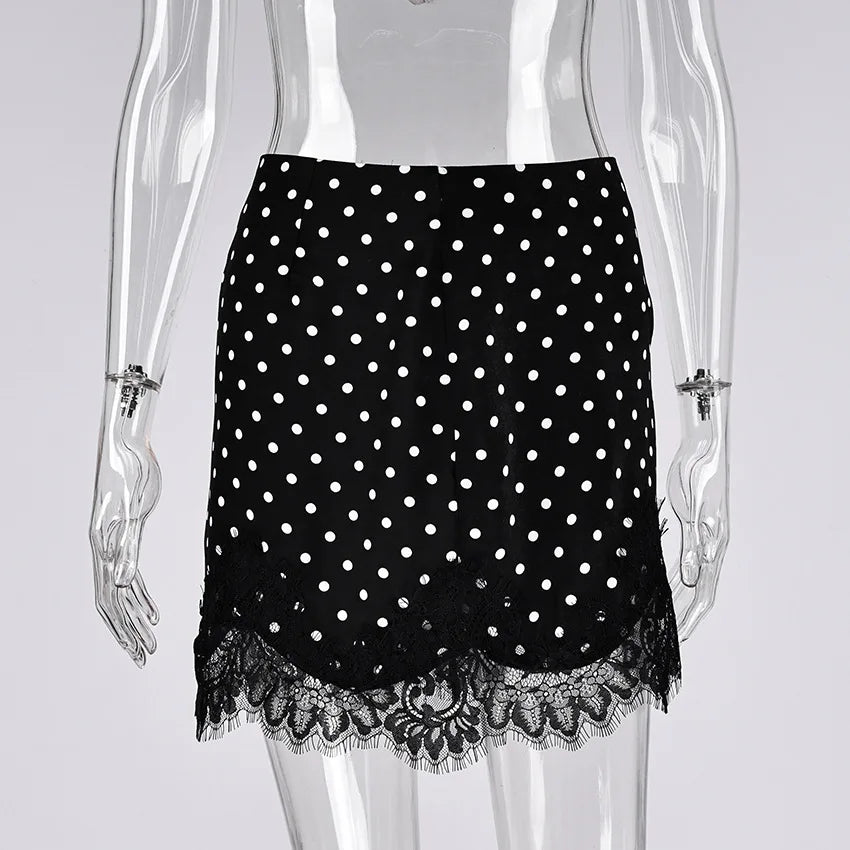 FDYOUI 2026 Woman Clothes Lace Patchwork Polka Dot Skirts Female Sexy Tight Short Skirt Black Party Night Club Dress Streetwear