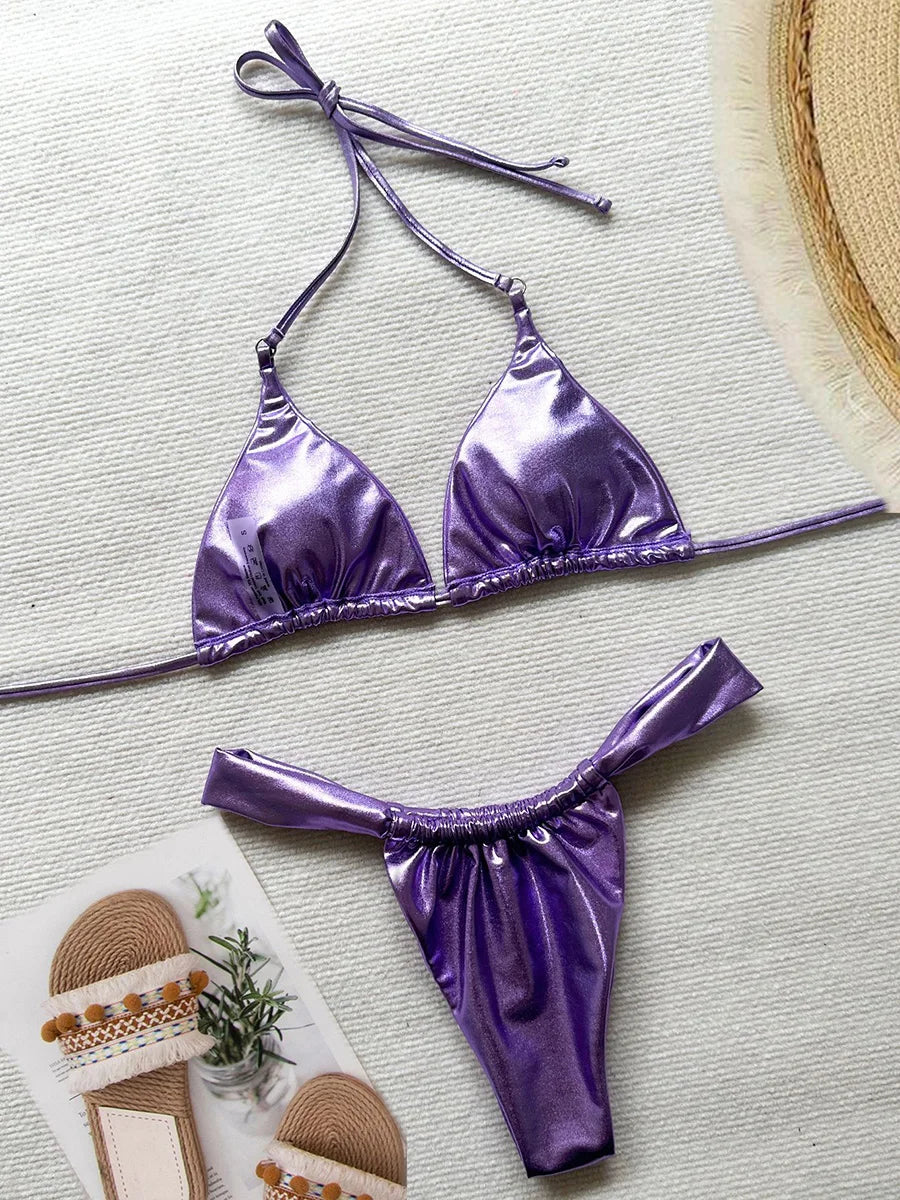 PU Pleated Ruched Bikinis Mini Micro Thong Bikini Women Swimwear Female Swimsuit Two-pieces Bikini Set Halter Bathing Suit Swim