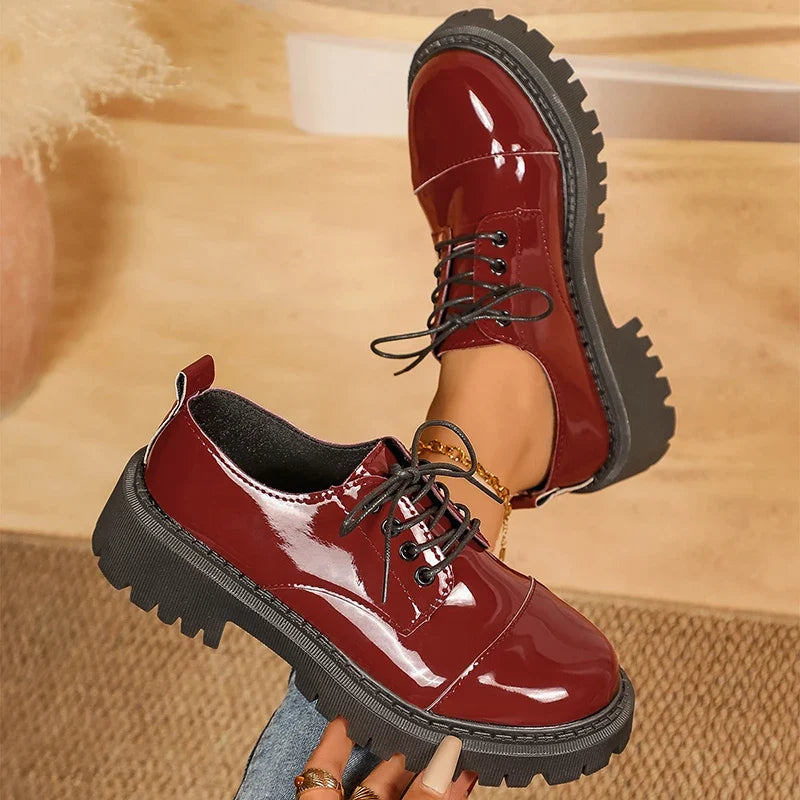 Fashion Printed Platform Oxford Shoes Women Comfortable Plus Size 43 Lace Up Pu Leather Shoes Woman Red Thick Sole Loafers Mujer