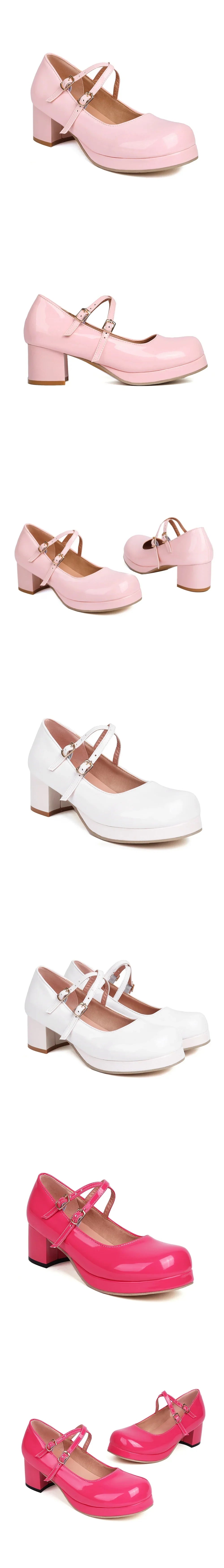 Big Size 30-48 Sweet Lolita Pink Mary Jane Shoes Women Round Toe Cross-Straps Platform White Block Heel Cute Dress Pumps
