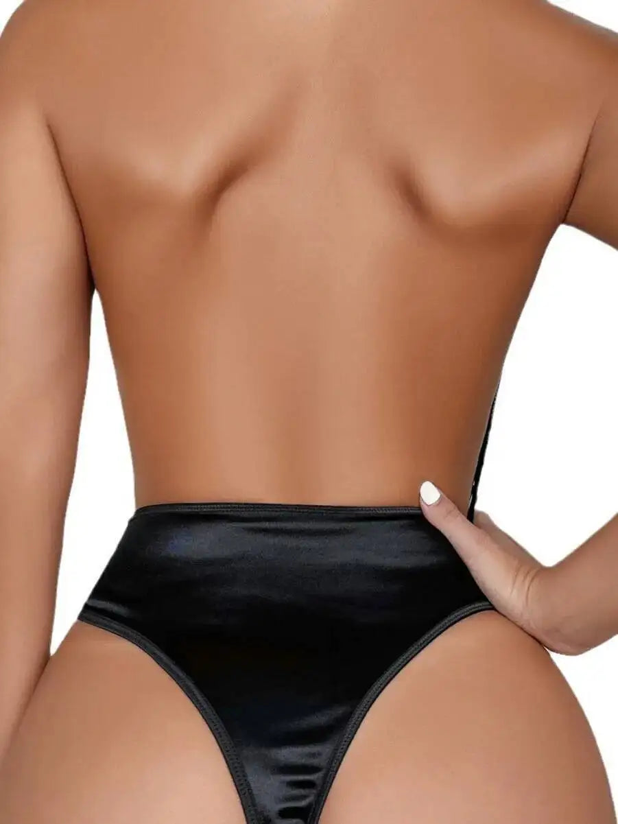 New Sexy Patent Leather Lace Mesh Hollow Out Bodysuits Transparent Backless Deep V Suspenders Sleeveless Bodysuits Charming TG8X