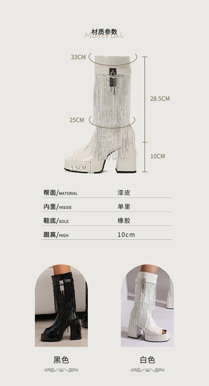 Plus Size Women White Patent Leather Fringe Tassel Mid Calf Boots Peep Toe Platform Block Heel Open Toe Party Club Heels