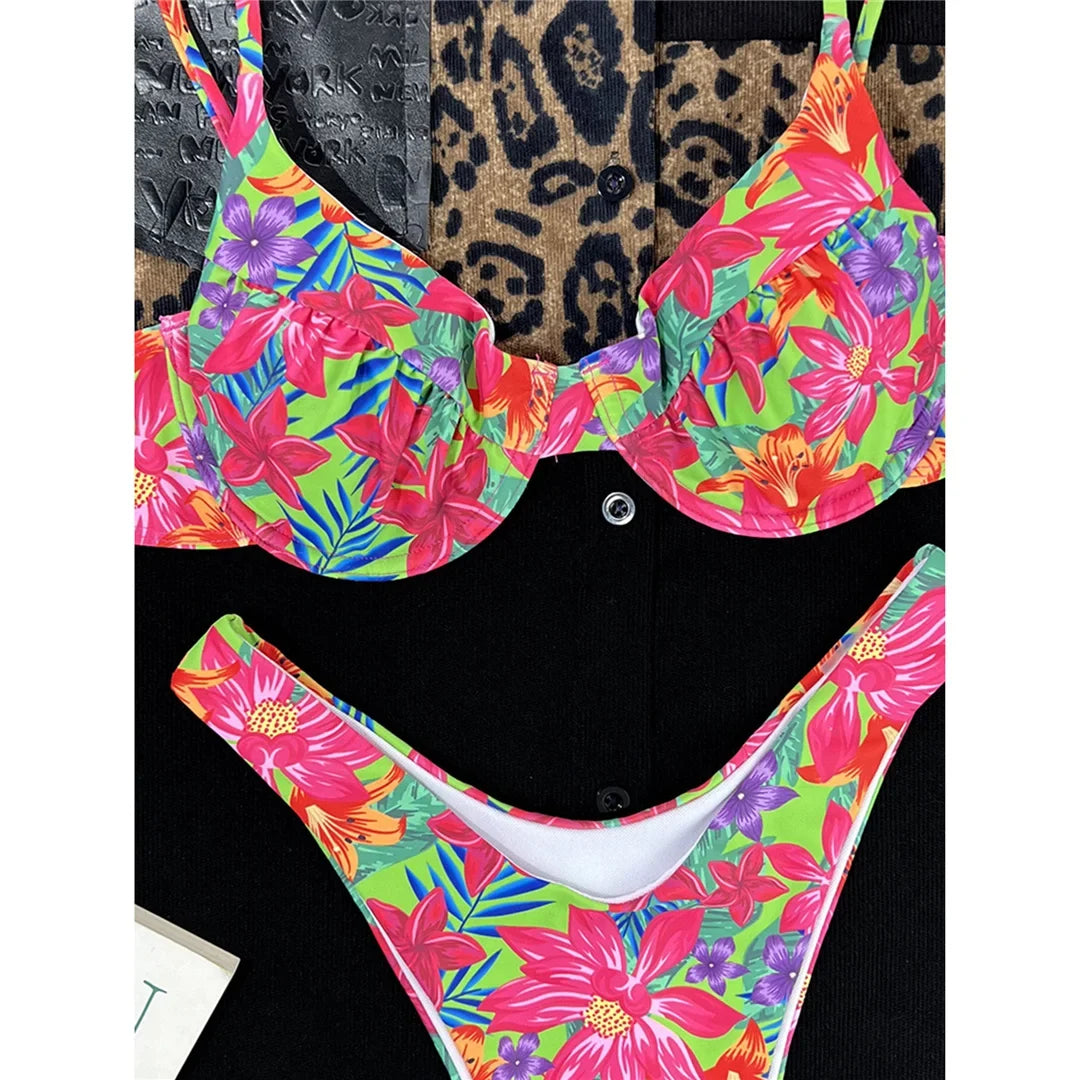 Flowers Printed Underwired Brazilian Bikini Female Swimsuit Women Swimwear Two-Pieces Bikini Set Bather Bathing Suit Swim V4762