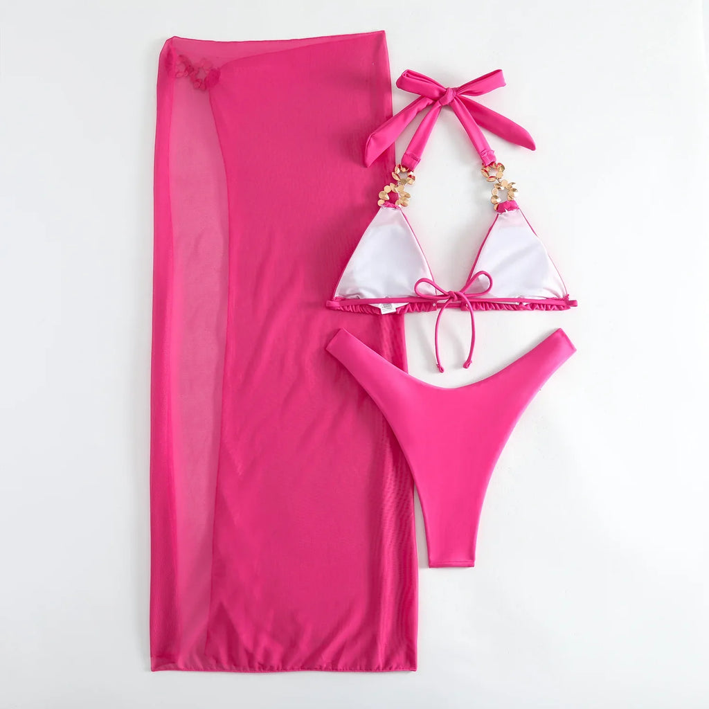 Mesh Skirt Halter Jewelled Diamond Bikini Female Swimsuit Women Swimwear Three-pieces Bikini Set Bathing Suit Swim Beachwear