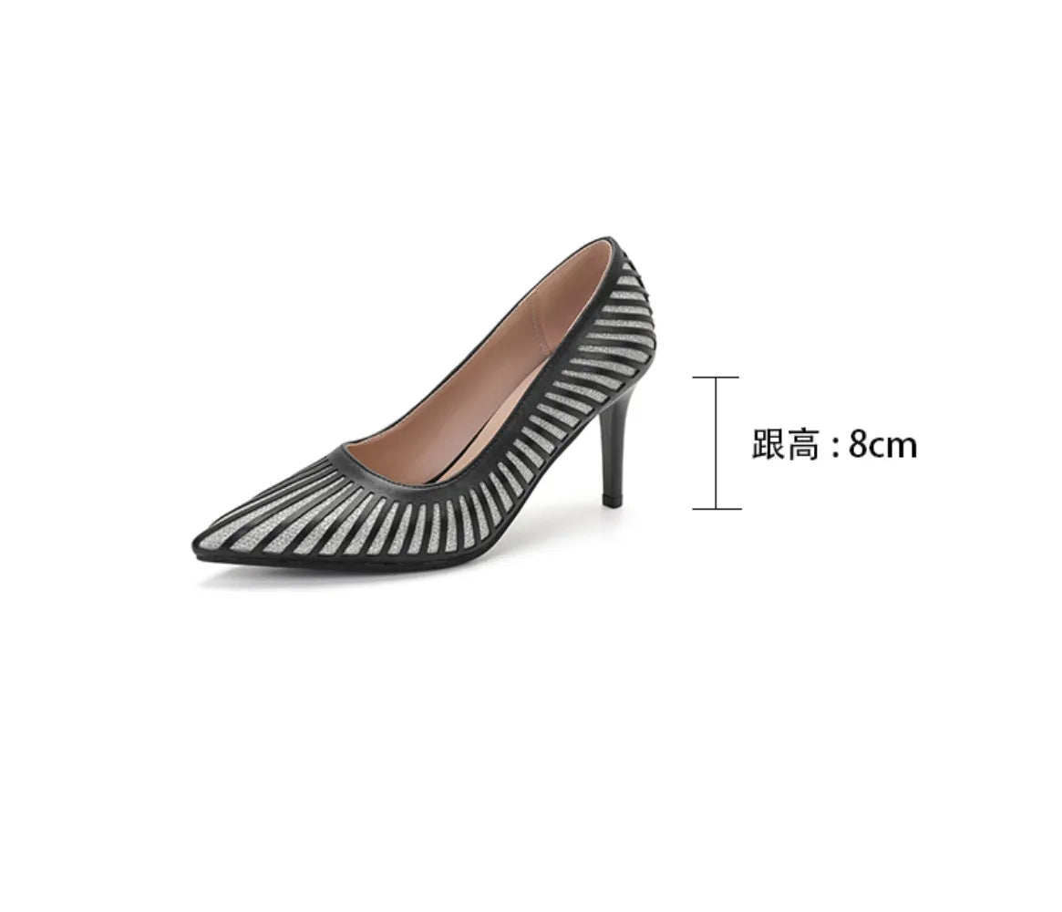 Women 8CM Pointed Toe High Heels Slip on Stiletto Pumps Dress Party OL Office Classic Stripes Single Shoes Gold Silver New 2026