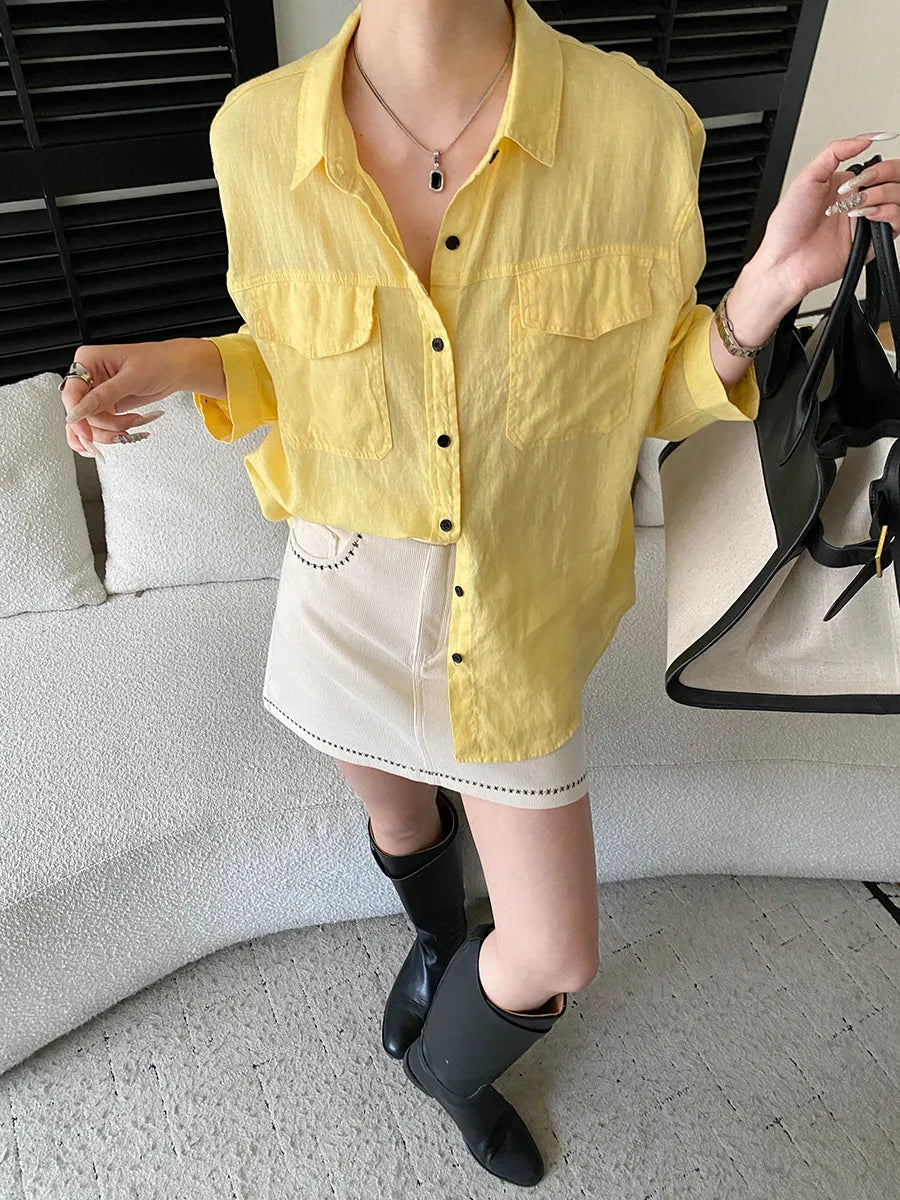 Women White Linen Blend Button Down Shirt Turn Down Collar Chest Pocket Loose Fit Blouse For Summer And Vacation Outfit KY7U