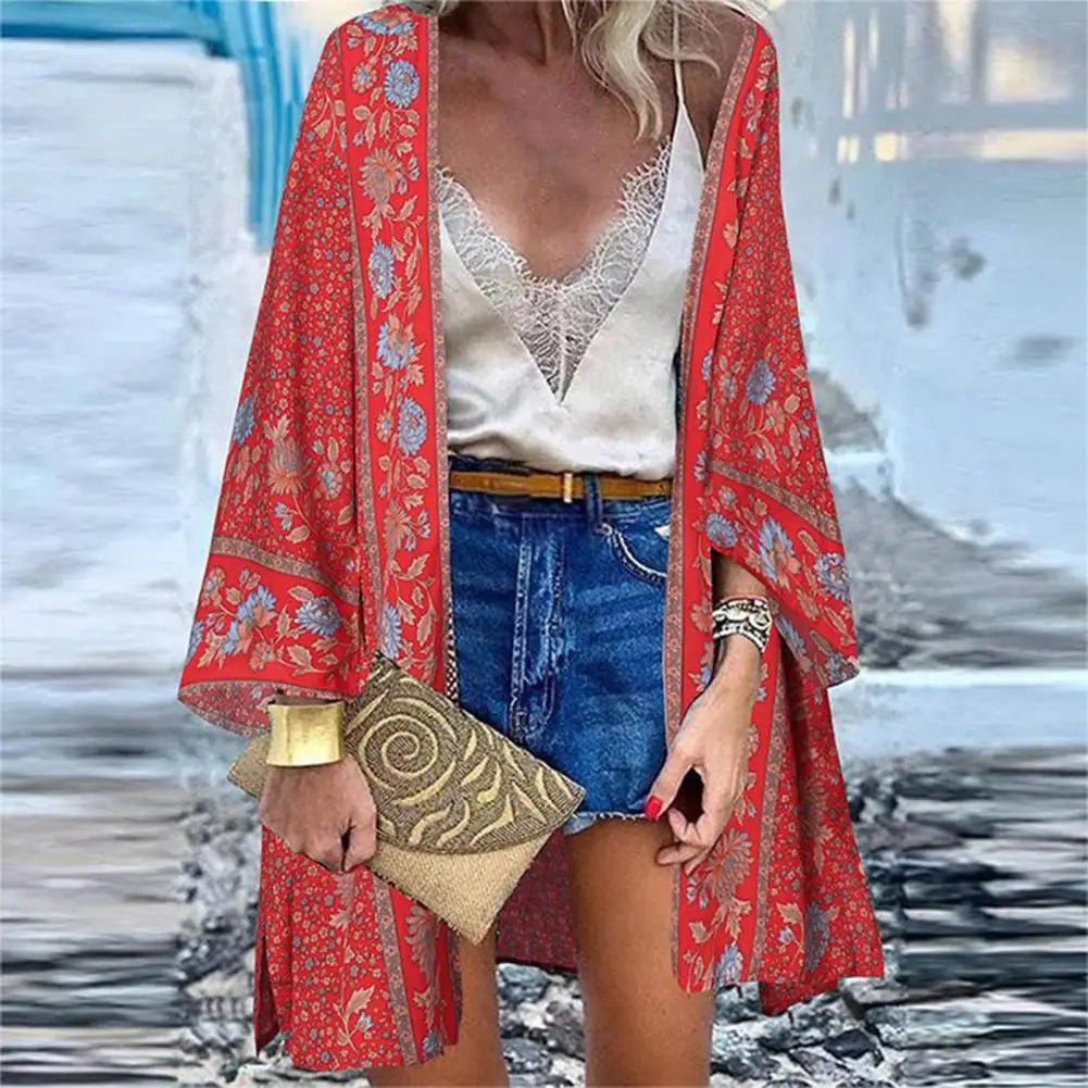 Bohemian Sun Protection Long Blouse Women Cardigan Floral Print Batwing Sleeve Summer Cardigan for Daily Wear