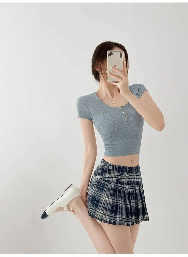 American Style Retro Low Waisted JK Plaid Pleated Skirt Women 2026 Summer New Spicy Girl Wrap Hip Slim A-line Ultra Skirt YOQG