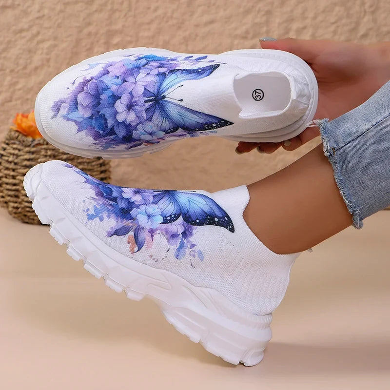 Fashion Butterfly Print Knit Sneakers for Women Breathable Mesh Platform Sneakers Shoes Woman Plus Size Thick Sole Walking Shoes