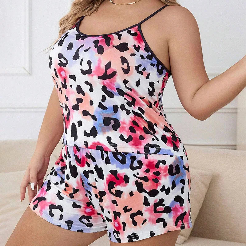 Plus Size 3XL 4LX 5XL Straps Pajamas Set for Women Sleepwear Tank Tops+Shorts Sets Leisure Loose Home Clothes Loungewear