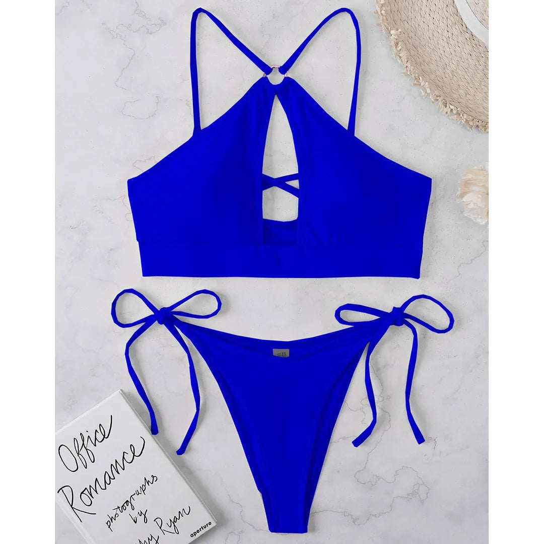 Cut Out Halter Bikini Female Swimsuit Women Swimwear Two-pieces Bikini set Padded Strappy Bather Bathing Suit Swim Lady V3423
