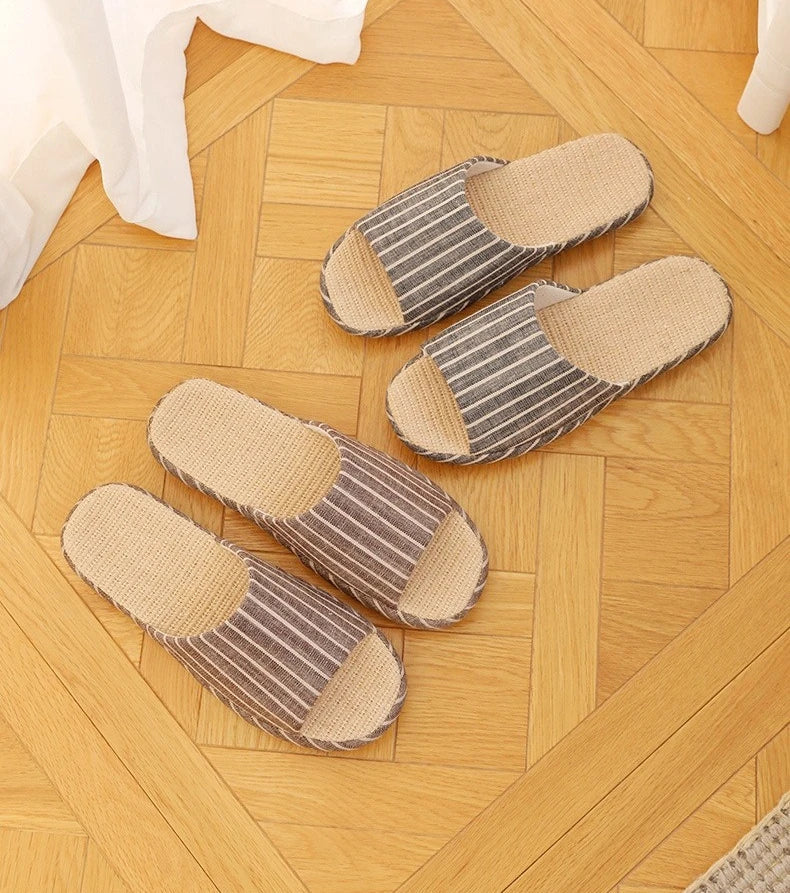 Breathable Linen Slippers For Women Men Summer House Shoes Striped Design Soft Sole Anti-Slip Couples Home Floor Cotton Slides