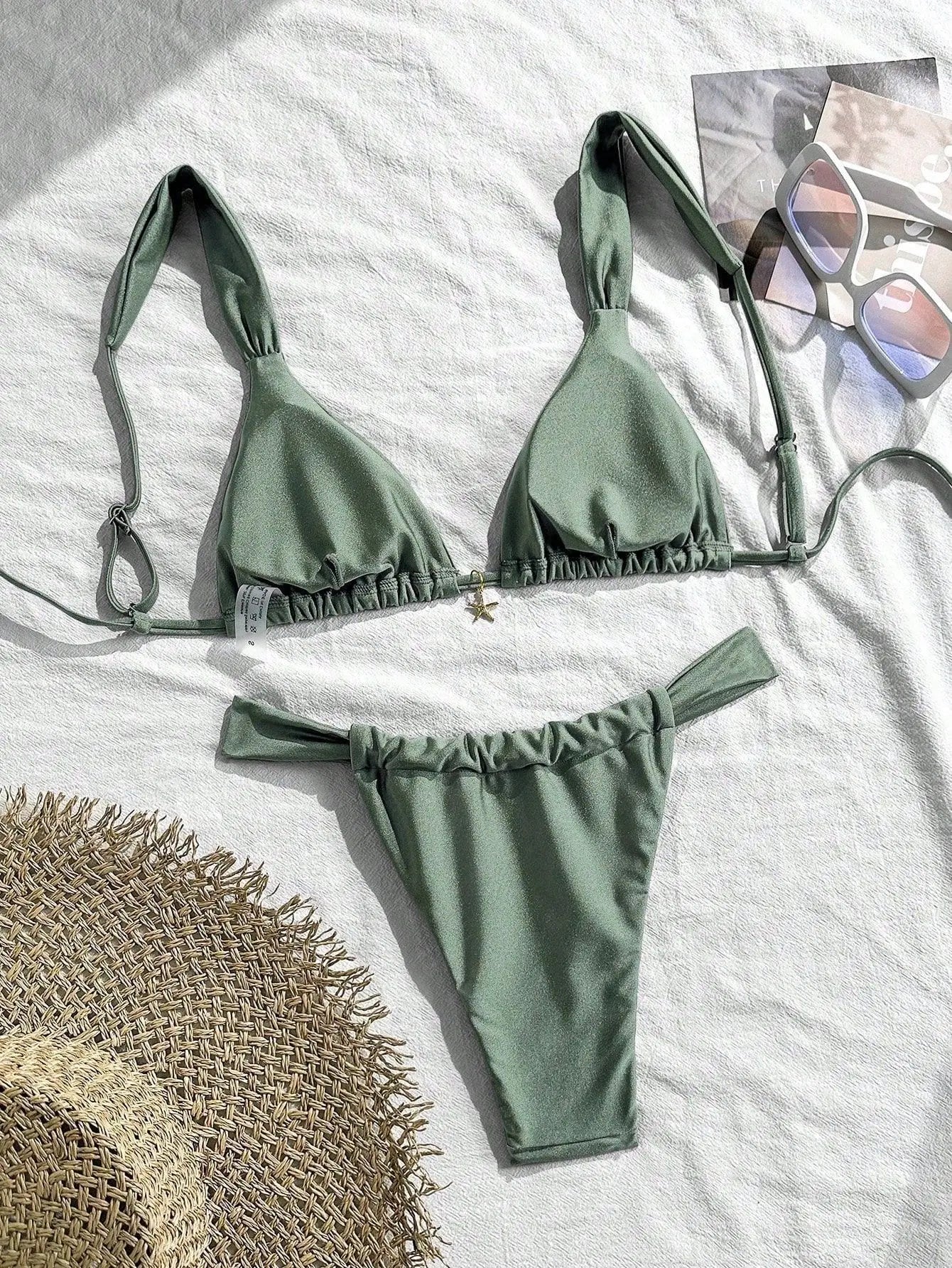 Sexy Starfish Ornament Bikini Set 2026 Women Sky Blue Pleate Push Up Bra Pleate Thong Swimwear Beach Bathing Suit Micro Swimsuit