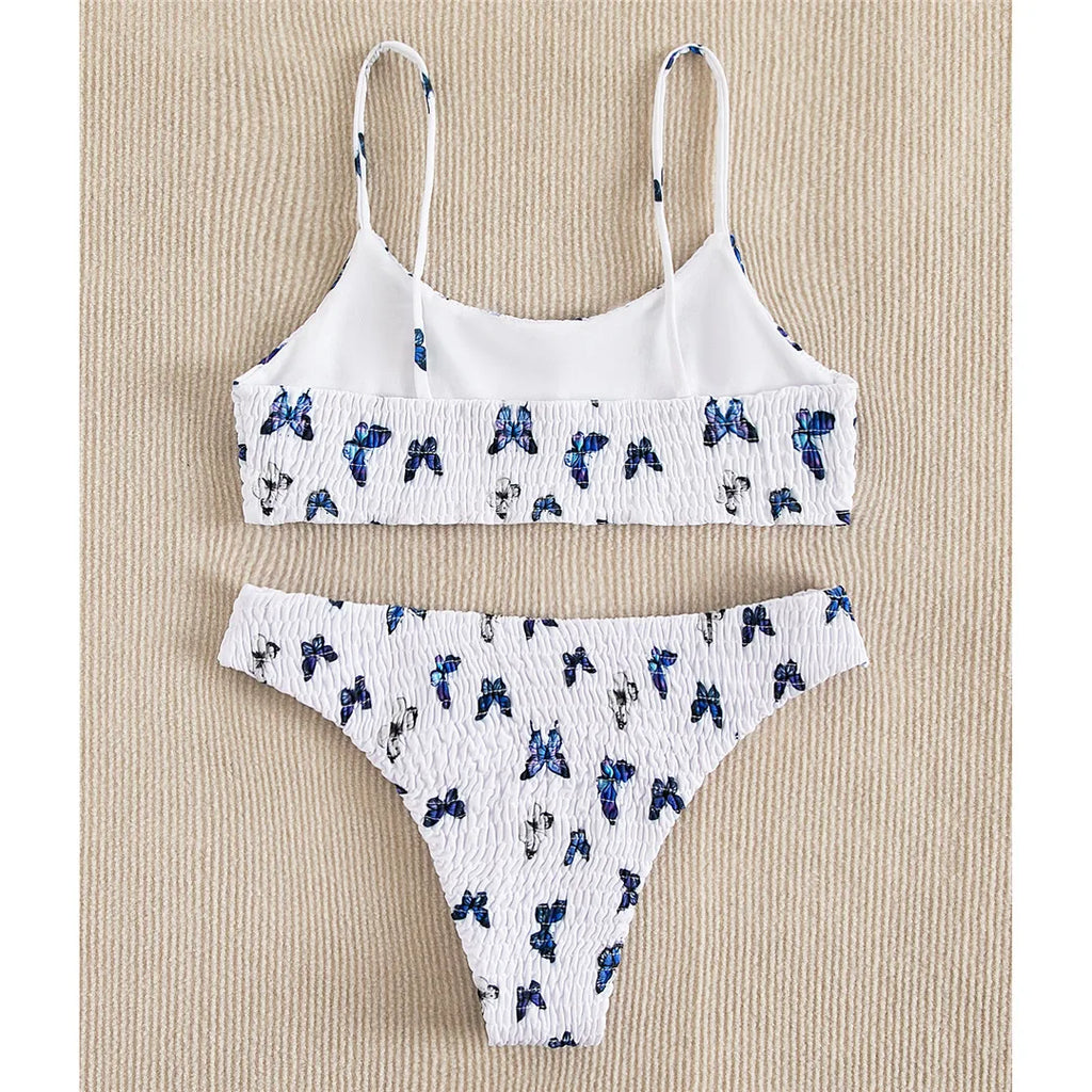 Sexy Wrinkled Butterfly Printed Bikini Female Swimsuit Women Swimwear Two-Pieces Bikini Set Bather Bathing Suit Swim Lady V713