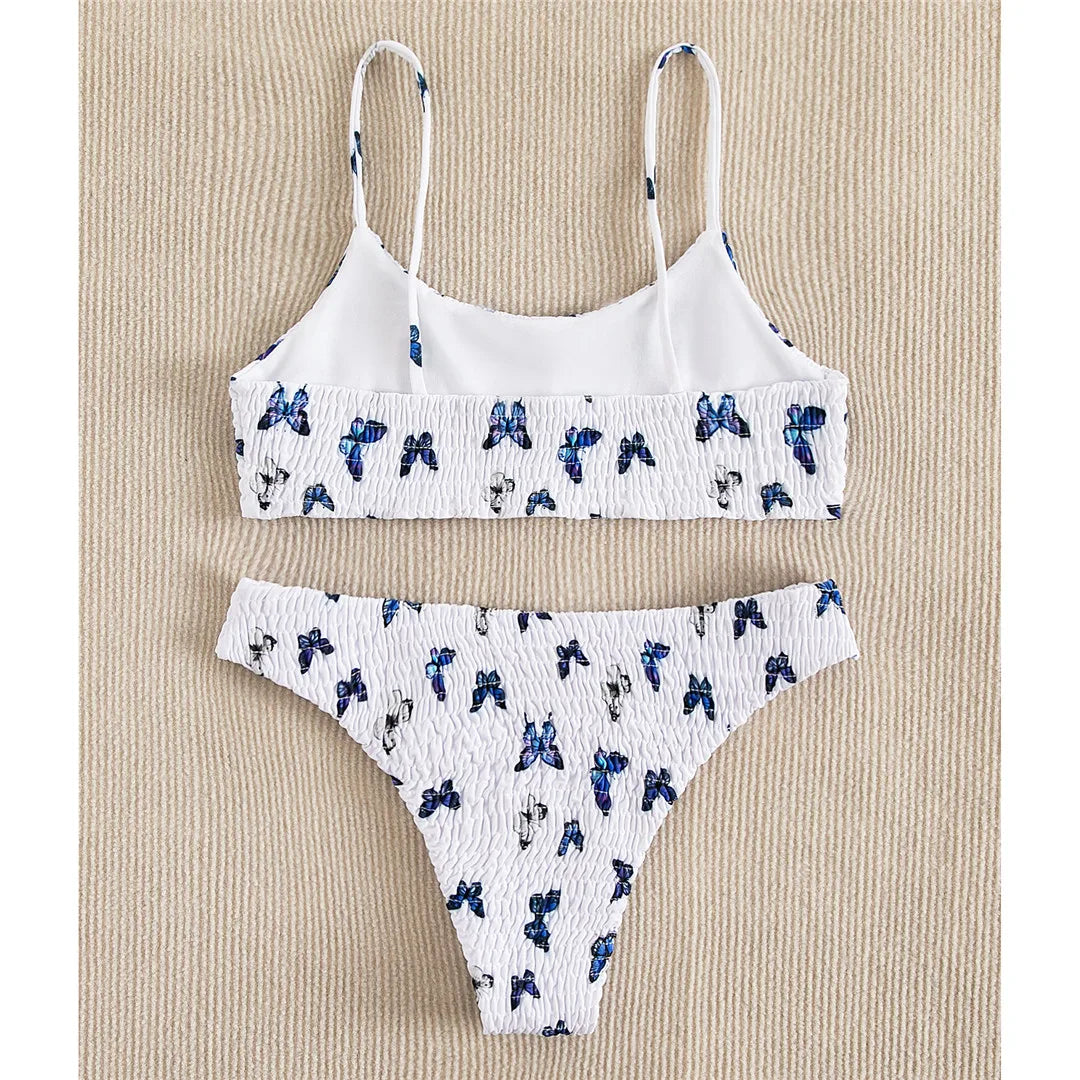 Sexy Wrinkled Butterfly Printed Bikini Female Swimsuit Women Swimwear Two-Pieces Bikini Set Bather Bathing Suit Swim Lady V713