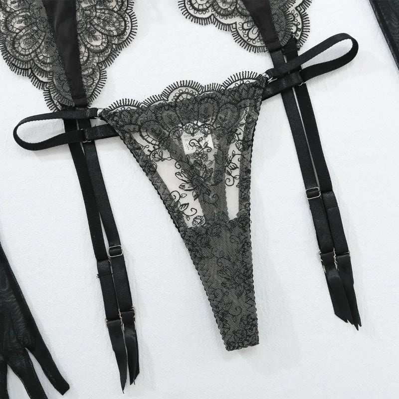 Toucheart 4 Piece Set Sexy Embroidered Lace Erotic Backless Lingerie For Women Mesh Patchwork Lace See-Through Sexy Lingerie Set