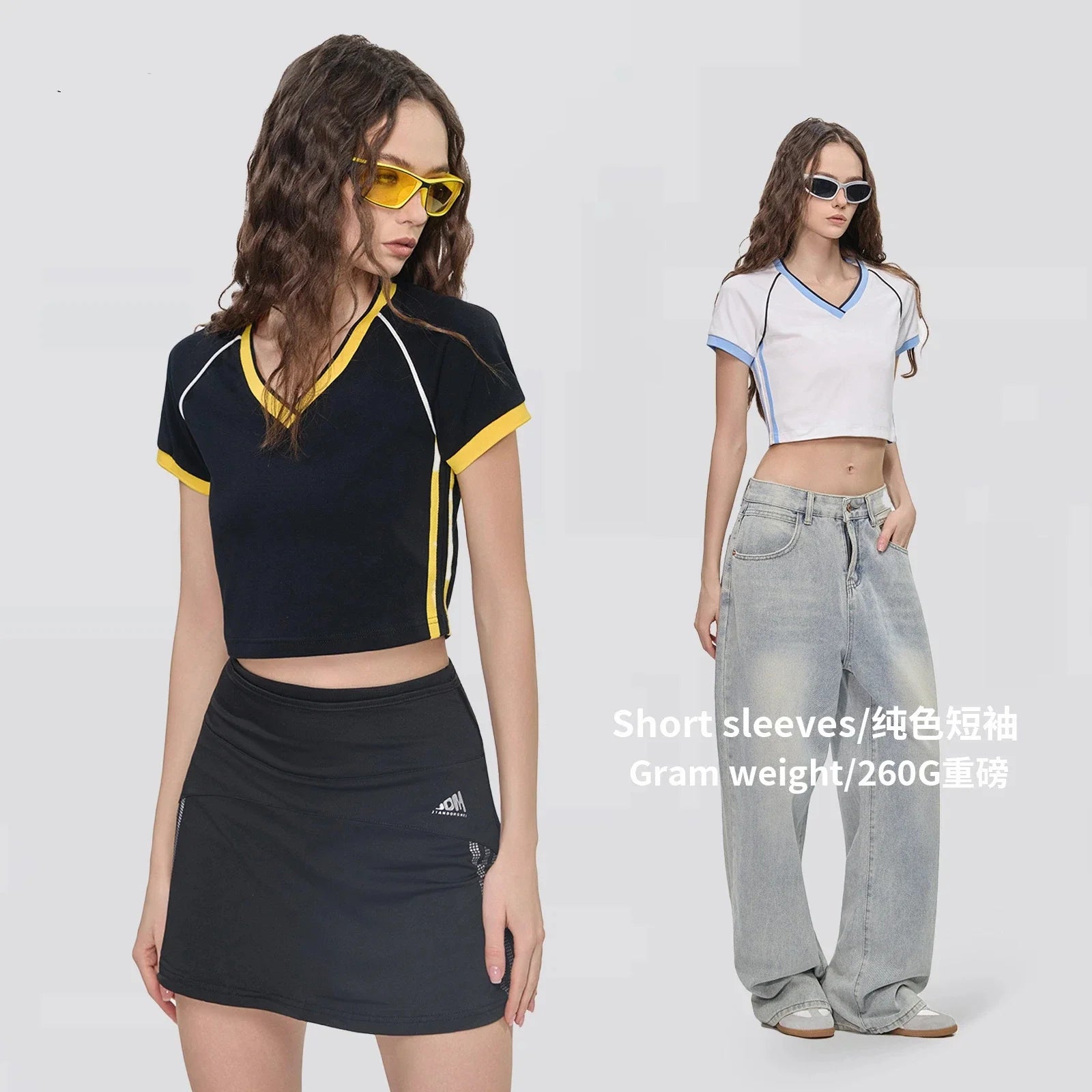 Hot girl top V-neck exposed navel contrasting color splicing clothes women's street short-sleeved T-shirt