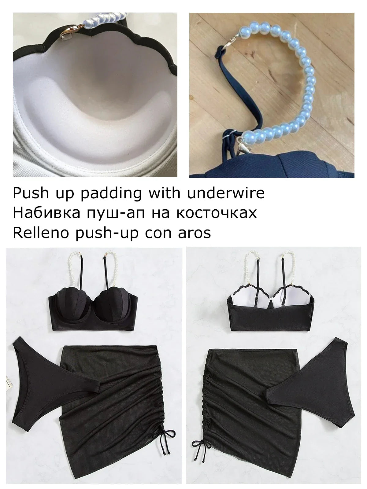 2024 New Sexy 3 Piece Bikinis Set Women Swimsuit with Skirt Swimwear Female Push Up Bikini Beachwear Faux Pearl Bathing Suit