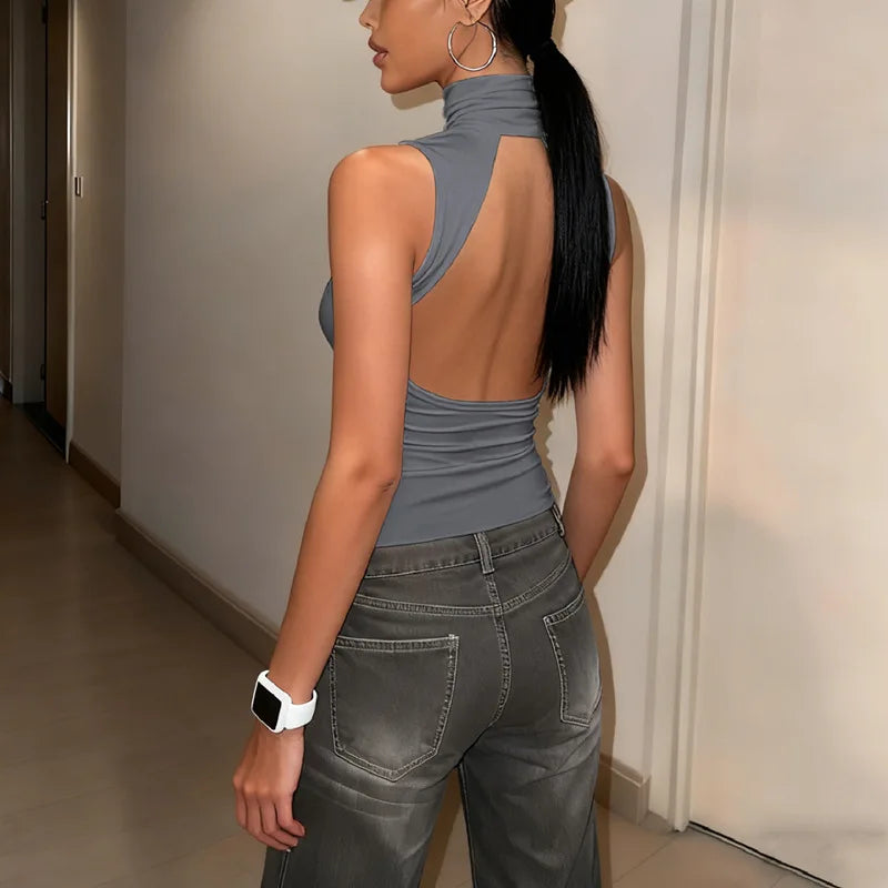 FDYOUI Fashion Turtleneck Sleeveless Tank Tops Streetwear Y2K Woman Clothes Backless Solid Corset T-shirt Female Skinny Crop Top