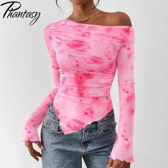 Women's Off-Shoulder Ruffled Sleeve Long-Sleeve Top with Asymmetrical Tie-Dye Mesh Asymmetrical Pleated Floral Print T-Shirt