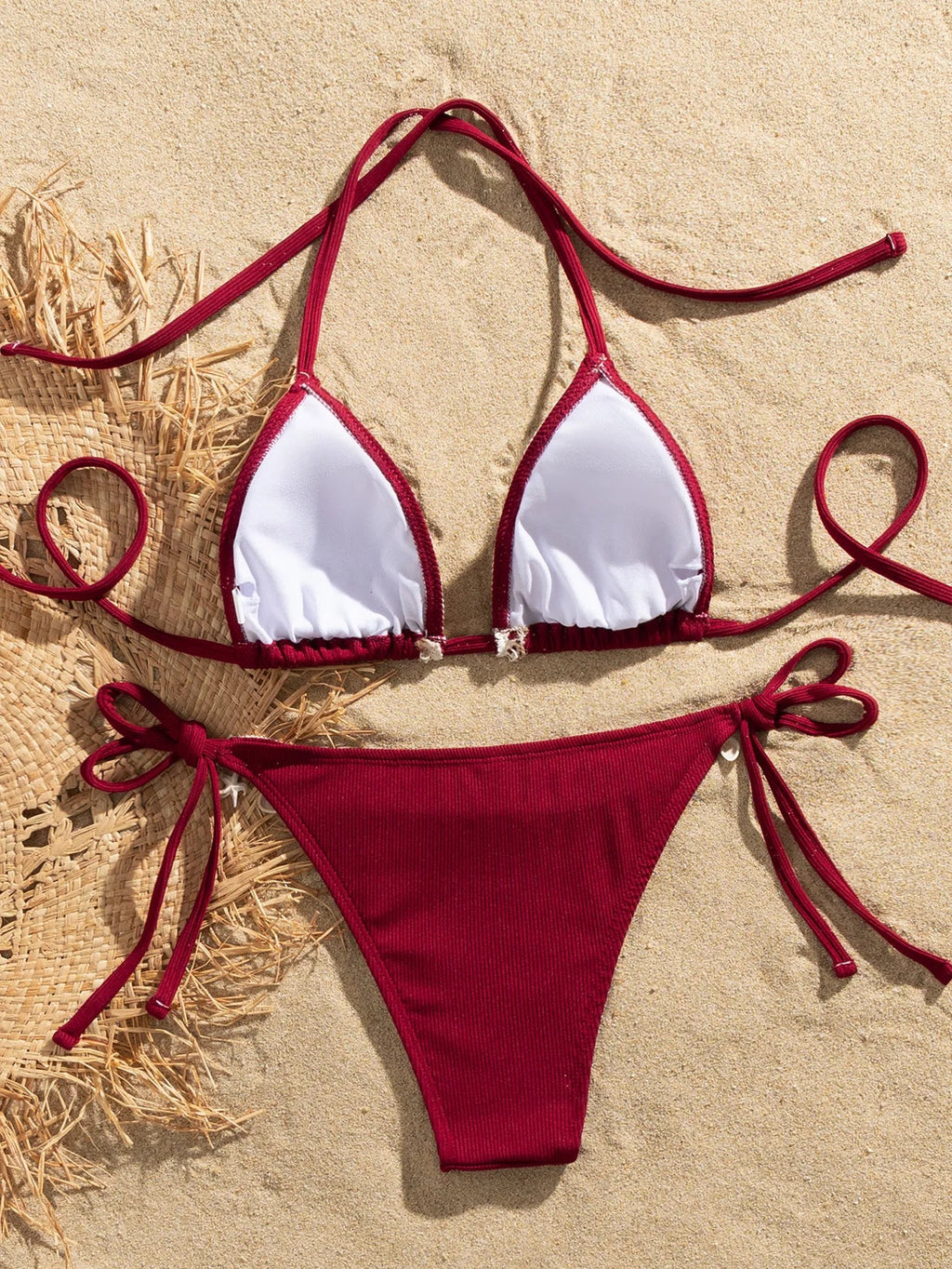 Shell Decoration Halter String Strappy Bikini Women Swimwear Female Swimsuit Two-pieces Bikini Set Ribbed Bathing Suit Swim Lady