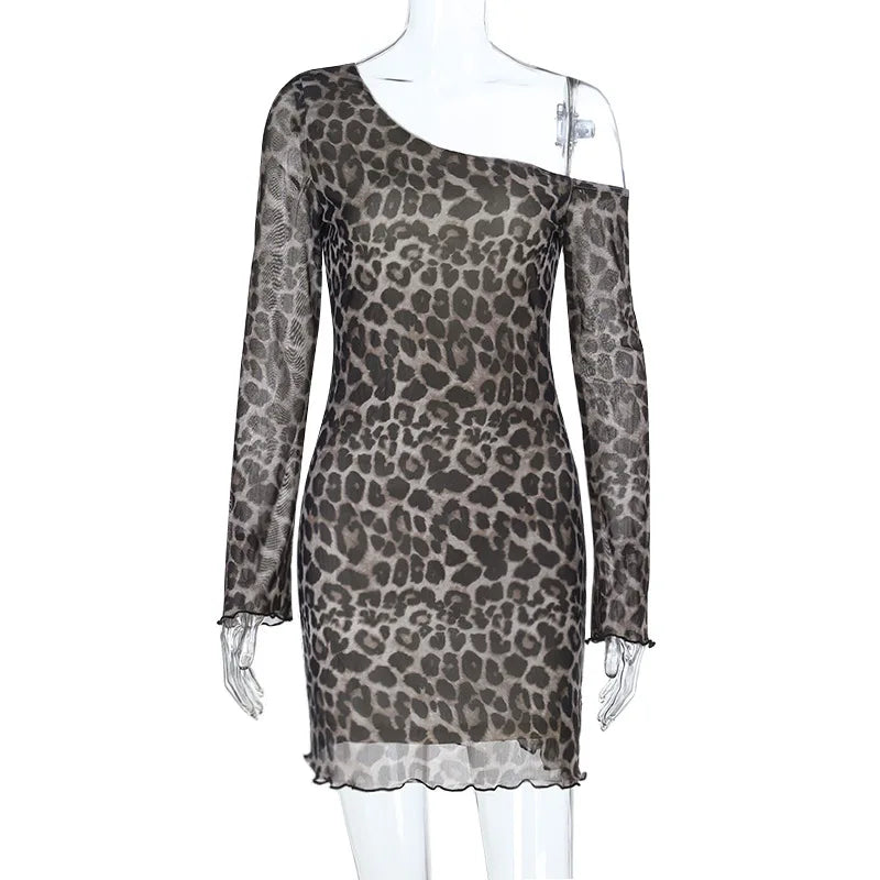 Spring Summer Off-Shoulder Sexy Leopard Print Long-Sleeve Dress European-Style Casual Backless Bell-Sleeve Mini Skirt Streetwear