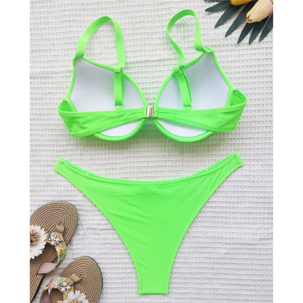 Sexy Underwired Bra Cup High Leg Cut Bikini Women Swimwear Female Swimsuit Two-Pieces Bikini Set Bather Bathing Suit Swim V3151