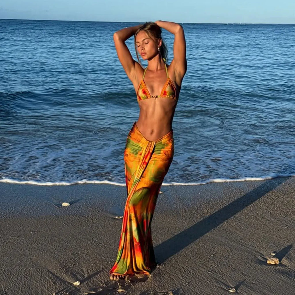 2026 Three Pieces Bikini Set Cover Up Swimwear Women Swimsuit Print Long Sleeve Push Up Bathing Suit Beachwear Swimming Biquini
