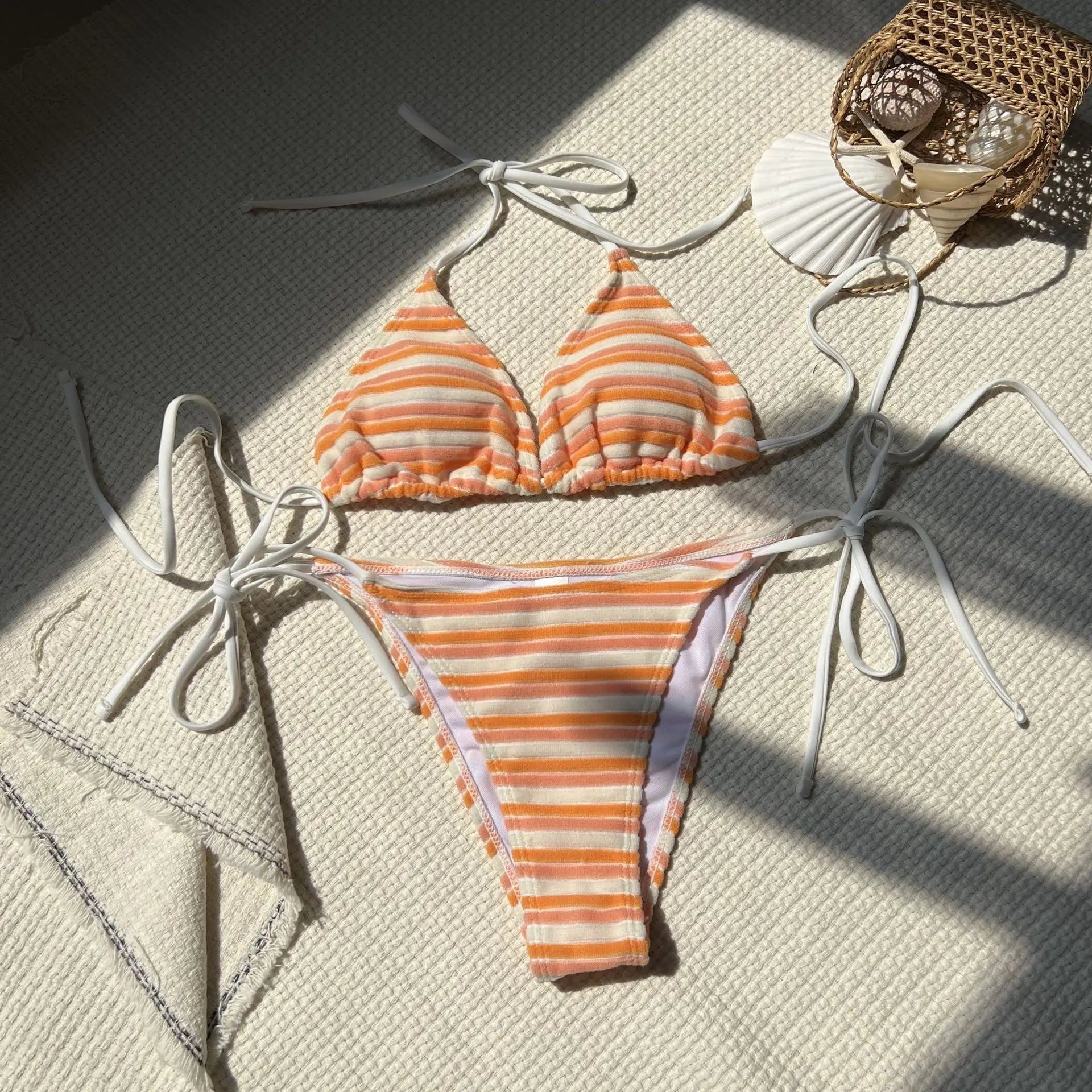 DEKA Women Brazilian Striped Bikini Set Vertical Stripes Thong Bikini Swimsuit Suspender Push Up Surf Swimwear Stylish Beach