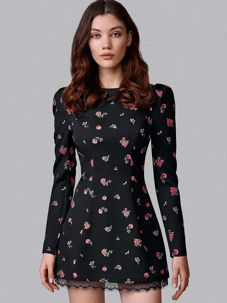 Ahagaga Elegant Women's Mini Dresses Print Heart-shaped Cutout Slim Fit A-Line Regualr Long Sleeves Trend O-Neck Lace Patchwork