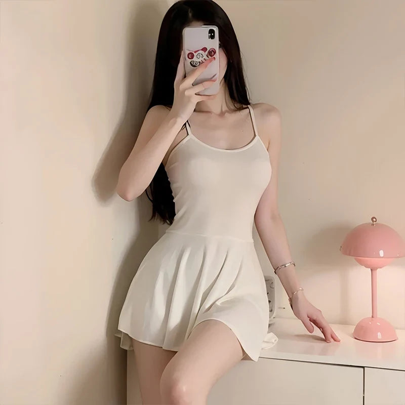 White Sweet Women Pleated MINI Dress Sexy Sleeveless Sling Dress Solid Backless Summer Female Party Clubwear Wholesa