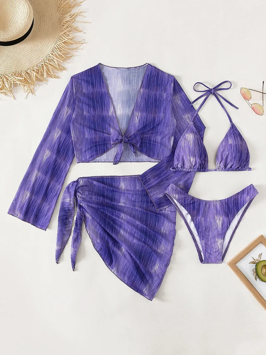4PCS With Mesh Sheer Sarong Long Sleeve Bikini Female Swimsuit Women Swimwear Four-pieces Bikini Set Bathing Suit Swim Beachwear