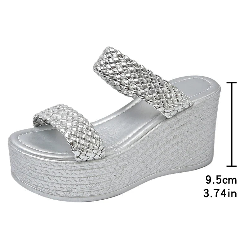 Silver Chunky Platform Slippers for Women 2026 Summer Thick Bottom Wedges Sandals Woman Plus Size 45 Woven Beach Sandles Female