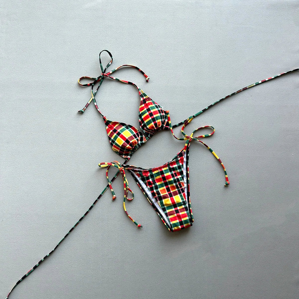 New 2026 Women's Plaid Swimsuit Sexy Lace-up Backless Swimwear Low Waist Push Up Thong Bathing Suit Micro Bikini Set Beachwear