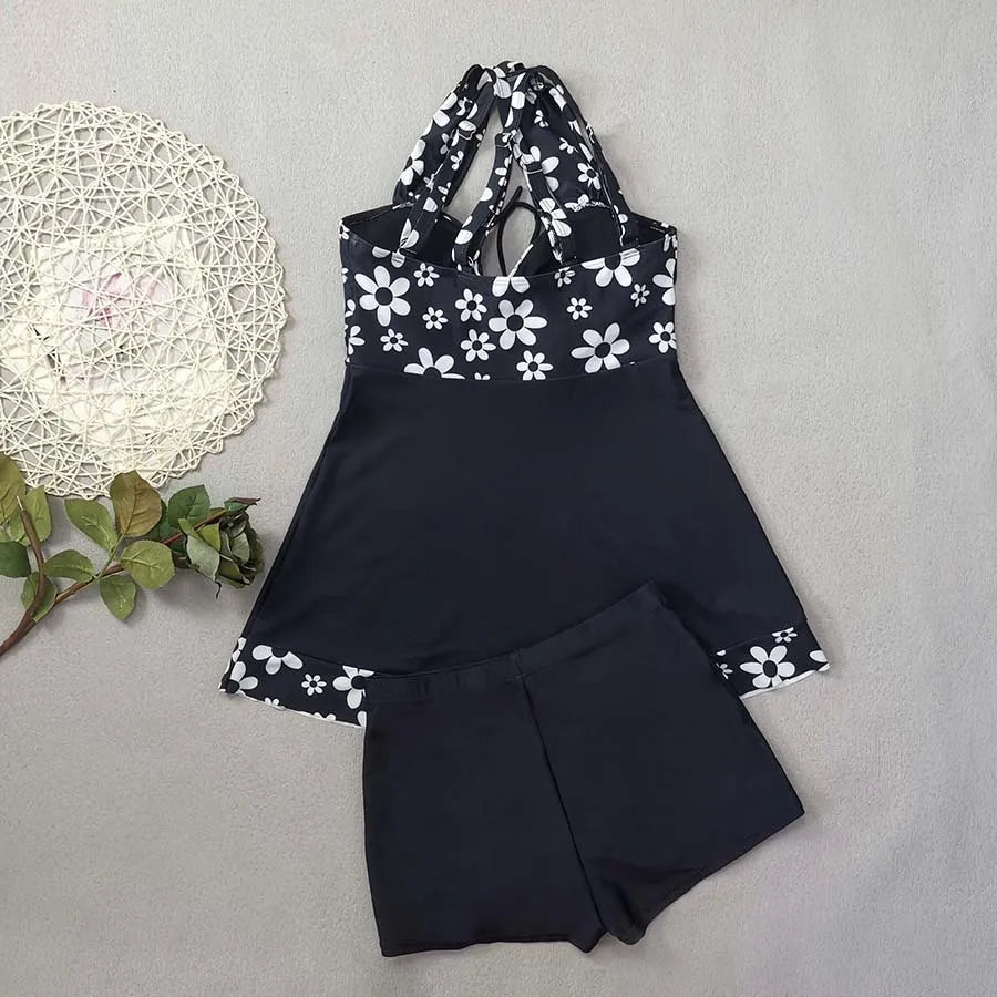 Vintage Black Flower Print Skirt Bikini Set 2026 Front Bow Crop Top Bathing Suit Swimwear Women's High Waist Swimsuit Tankini