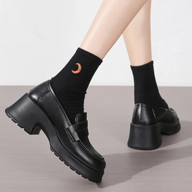 Brown Pu Leather Platform Loafers for Women British Style Round Toe Thick Heel Pumps Woman Slip On High Heels Office Shoes Lady