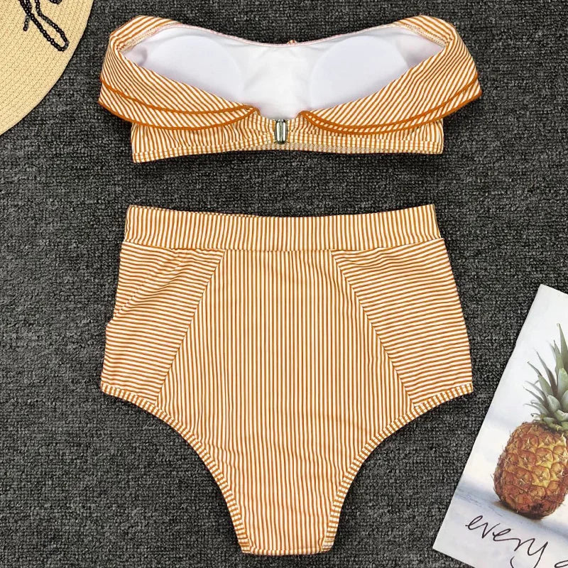 2025 Striped Top Ruffle High Waist Bikini Women Swimwear Female Swimsuit Two-pieces Bikini set Bandeau Bikinis Bathing Suit Swim